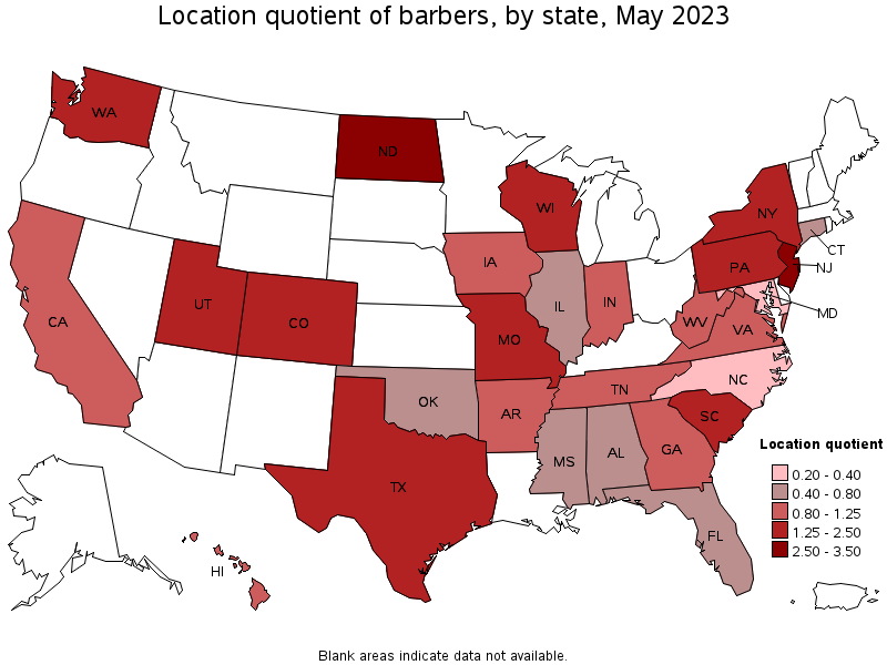 Map of location quotient of barbers by state, May 2023