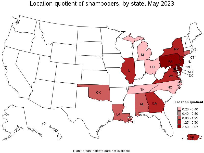 Map of location quotient of shampooers by state, May 2023