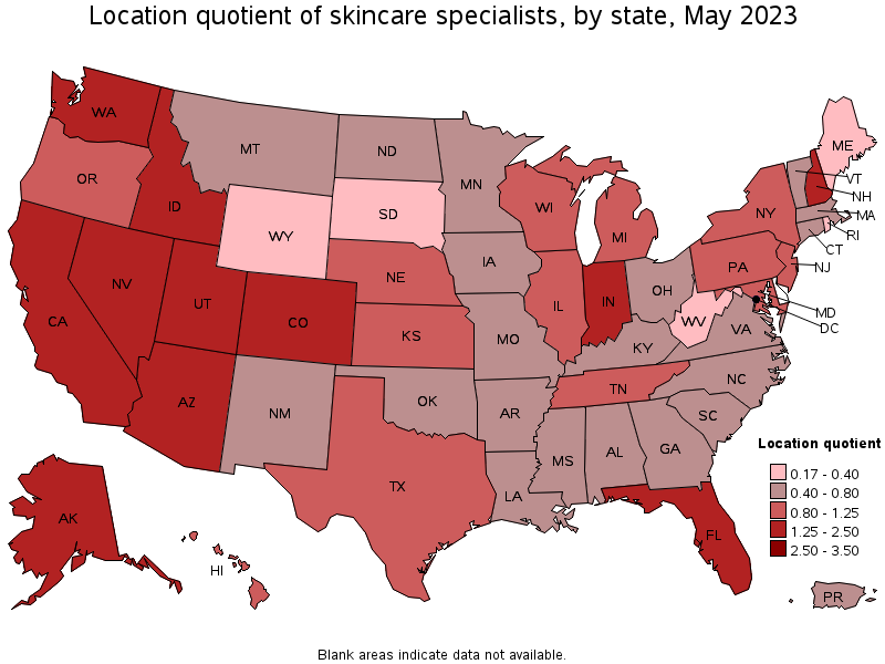 Map of location quotient of skincare specialists by state, May 2023