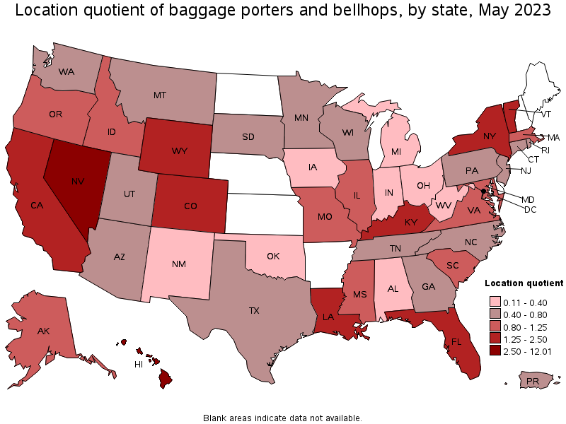 Map of location quotient of baggage porters and bellhops by state, May 2023