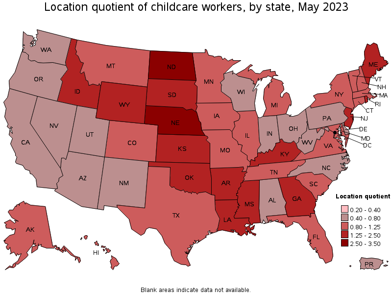 Map of location quotient of childcare workers by state, May 2023