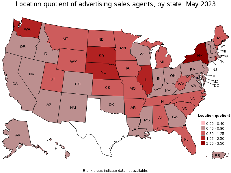 Map of location quotient of advertising sales agents by state, May 2023