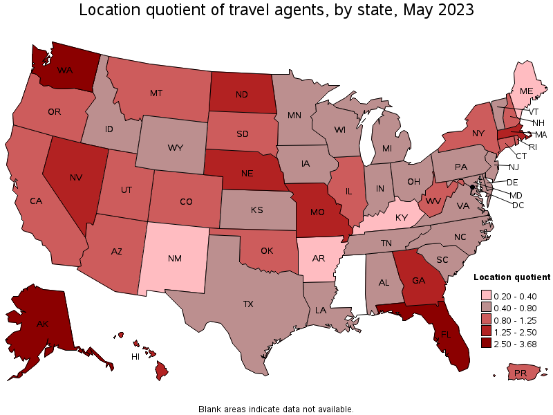 Map of location quotient of travel agents by state, May 2023