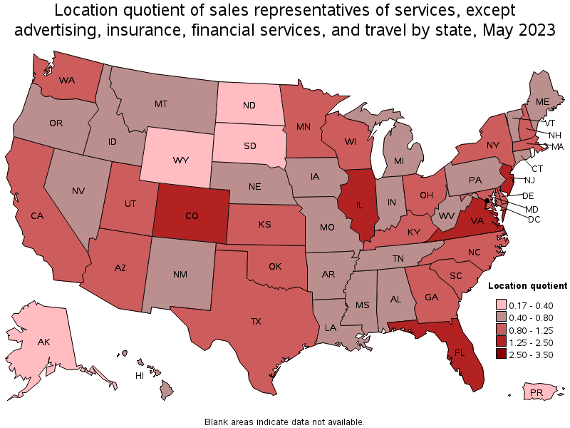 Map of location quotient of sales representatives of services, except advertising, insurance, financial services, and travel by state, May 2023
