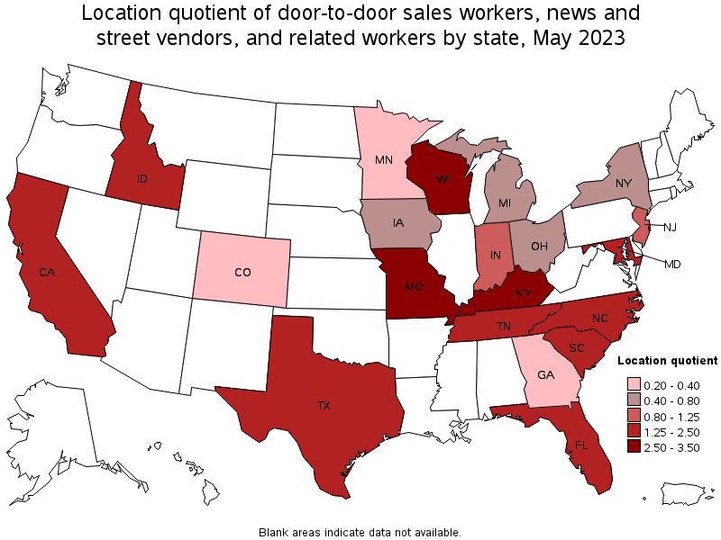 Map of location quotient of door-to-door sales workers, news and street vendors, and related workers by state, May 2023