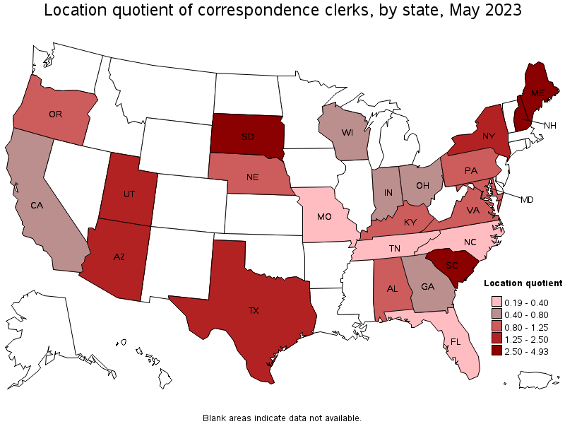 Map of location quotient of correspondence clerks by state, May 2023