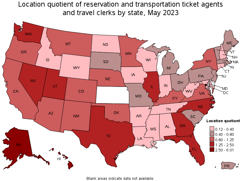 Map of location quotient of reservation and transportation ticket agents and travel clerks by state, May 2023