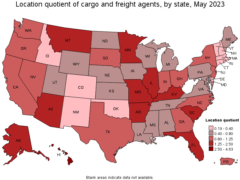 Map of location quotient of cargo and freight agents by state, May 2023
