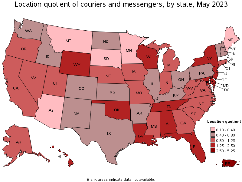 Map of location quotient of couriers and messengers by state, May 2023