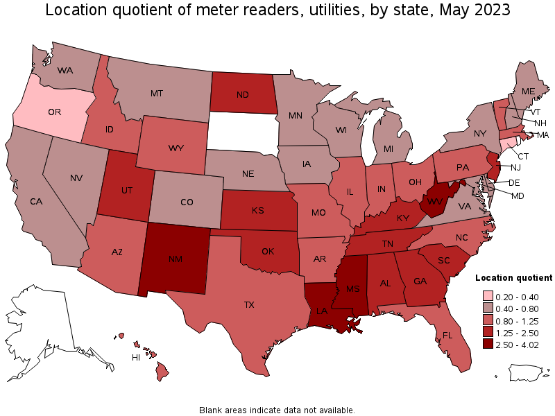 Map of location quotient of meter readers, utilities by state, May 2023