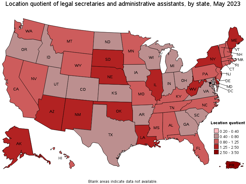 Map of location quotient of legal secretaries and administrative assistants by state, May 2023