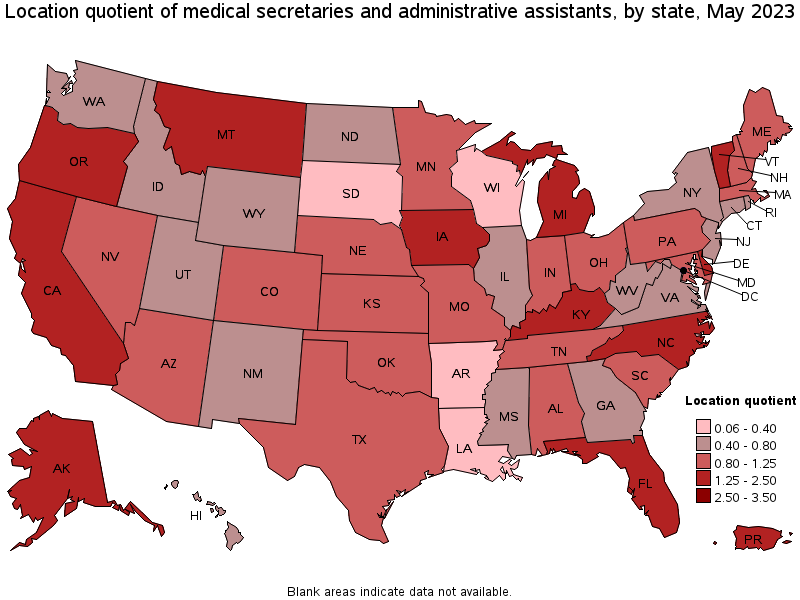 Map of location quotient of medical secretaries and administrative assistants by state, May 2023