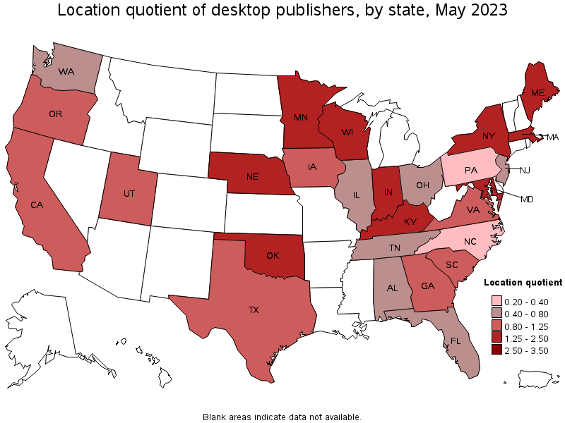 Map of location quotient of desktop publishers by state, May 2023