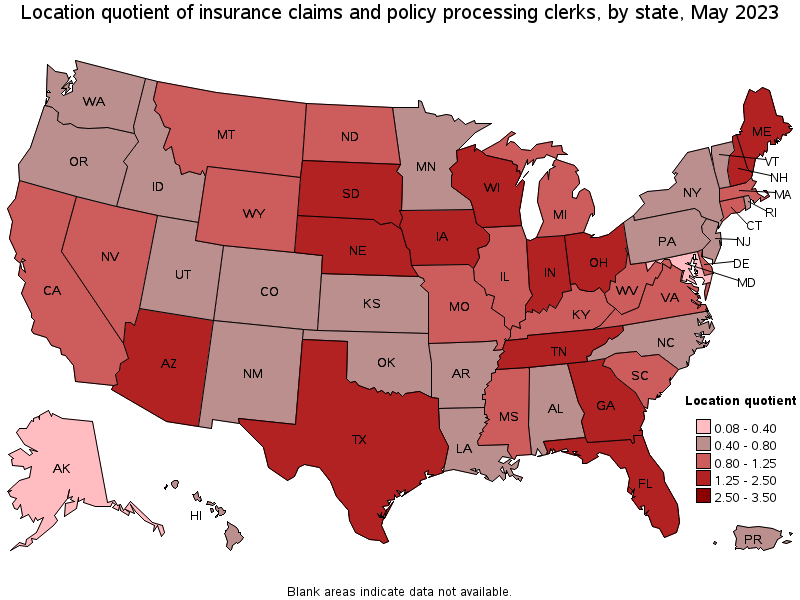 Map of location quotient of insurance claims and policy processing clerks by state, May 2023