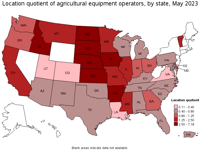 Map of location quotient of agricultural equipment operators by state, May 2023