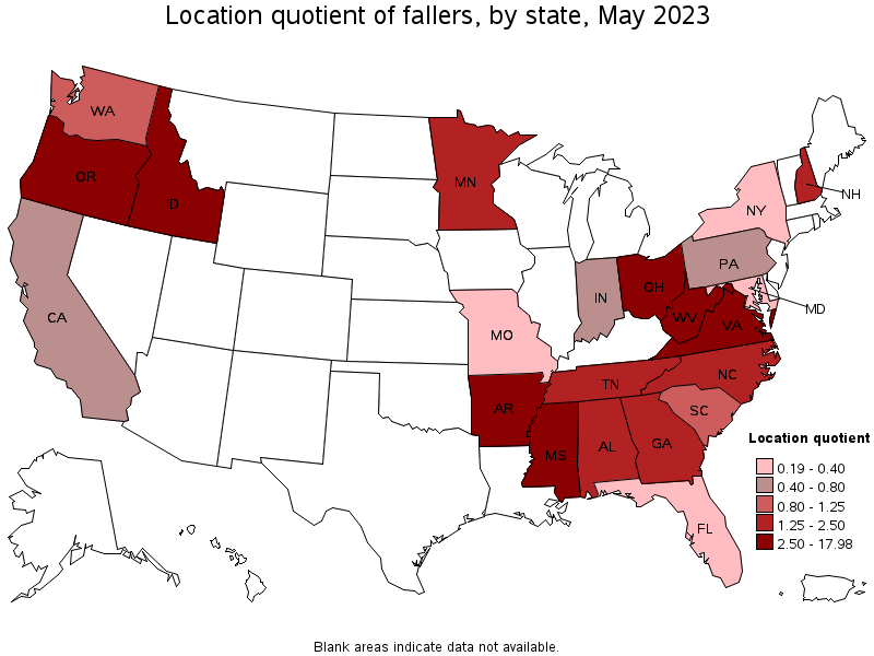 Map of location quotient of fallers by state, May 2023