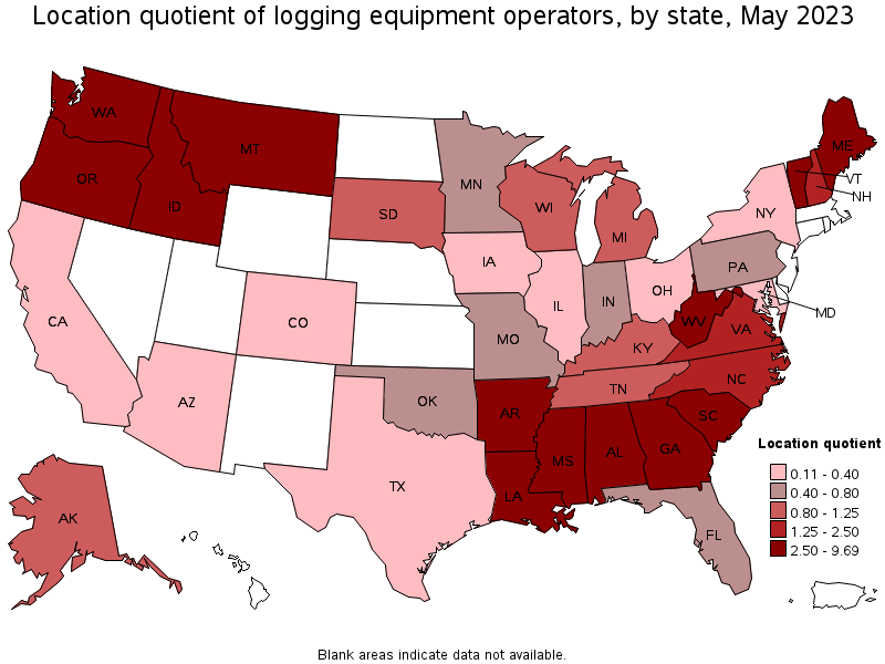 Map of location quotient of logging equipment operators by state, May 2023