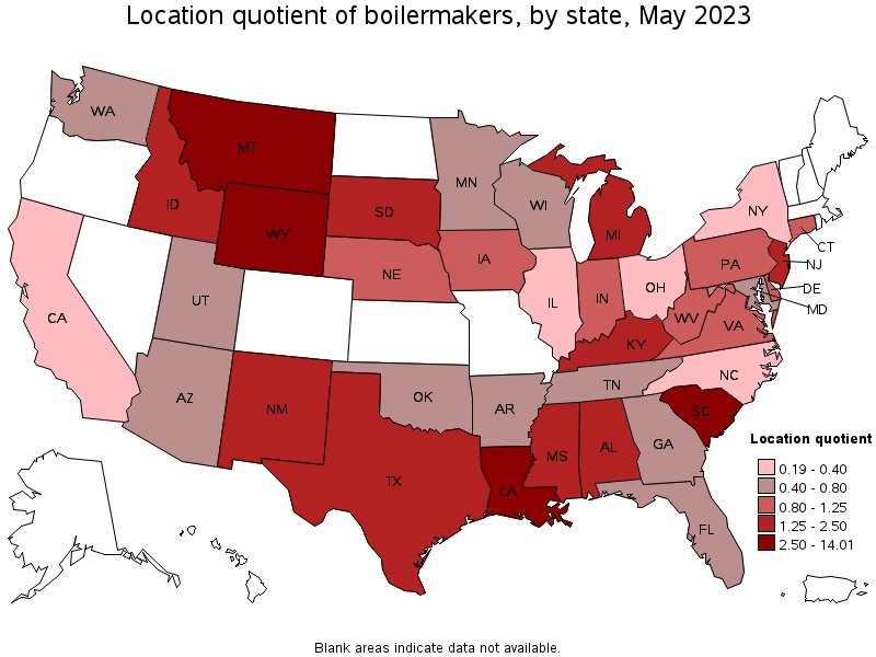 Map of location quotient of boilermakers by state, May 2023