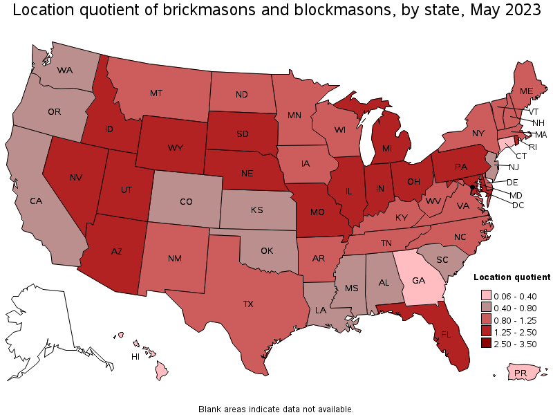 Map of location quotient of brickmasons and blockmasons by state, May 2023