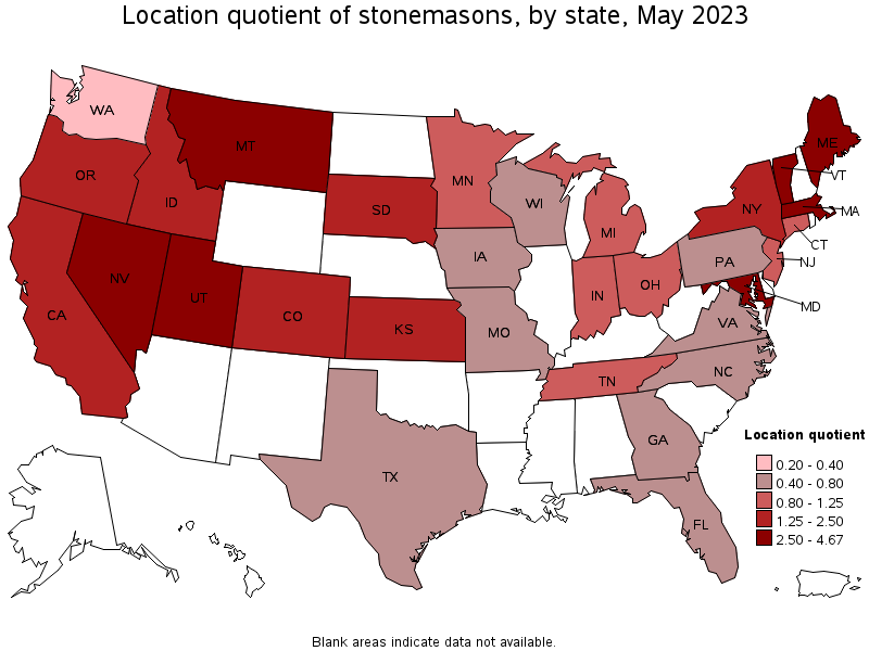Map of location quotient of stonemasons by state, May 2023
