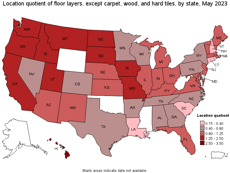 Map of location quotient of floor layers, except carpet, wood, and hard tiles by state, May 2023