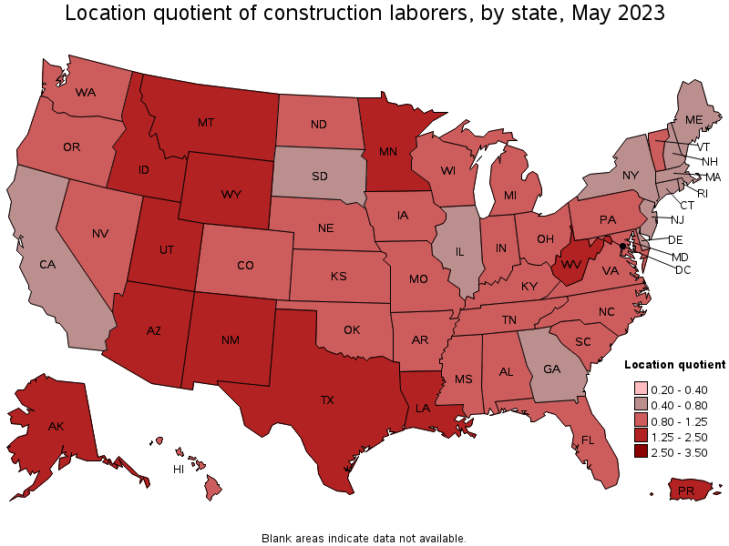 Map of location quotient of construction laborers by state, May 2023