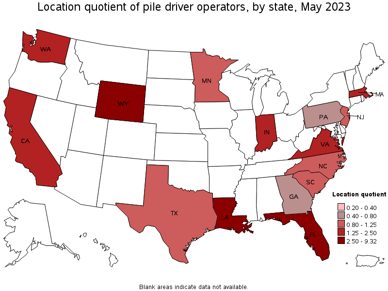Map of location quotient of pile driver operators by state, May 2023