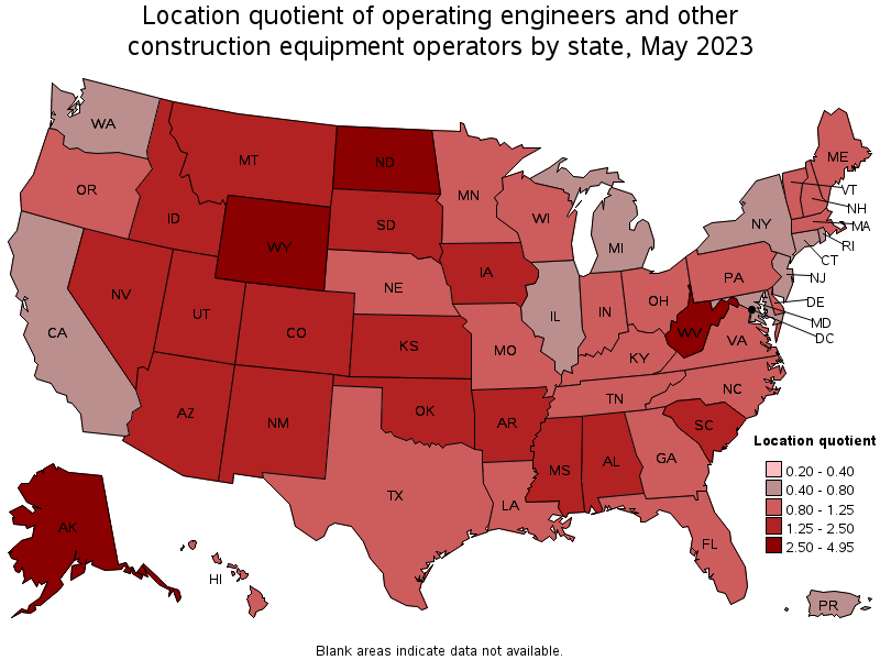 Map of location quotient of operating engineers and other construction equipment operators by state, May 2023