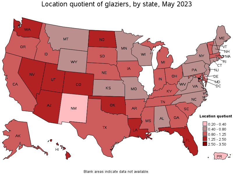 Map of location quotient of glaziers by state, May 2023