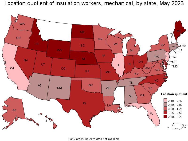 Map of location quotient of insulation workers, mechanical by state, May 2023