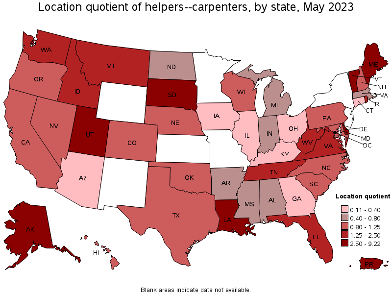Map of location quotient of helpers--carpenters by state, May 2023