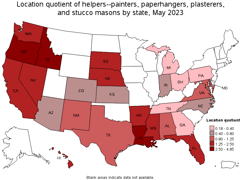 Map of location quotient of helpers--painters, paperhangers, plasterers, and stucco masons by state, May 2023