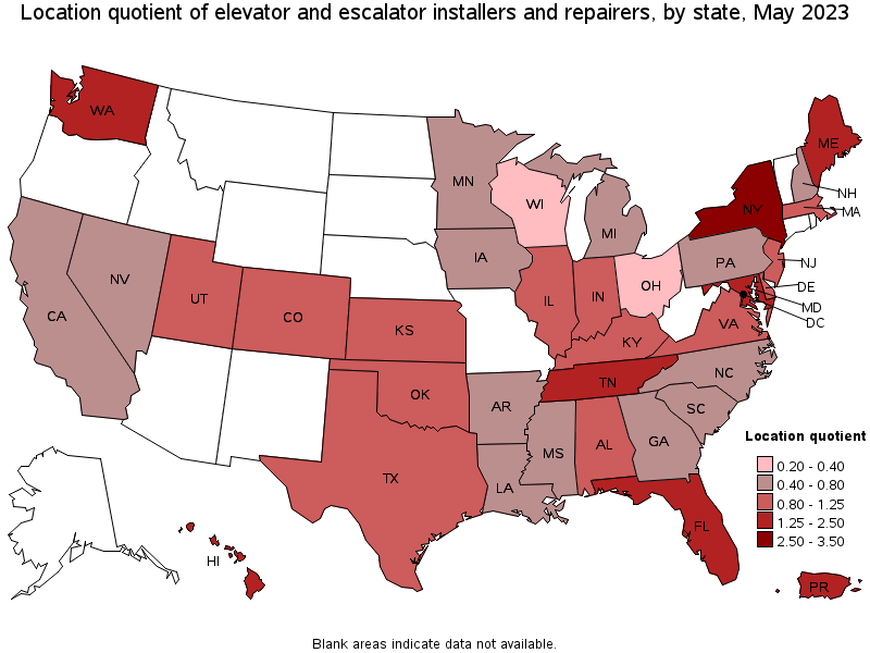 Map of location quotient of elevator and escalator installers and repairers by state, May 2023