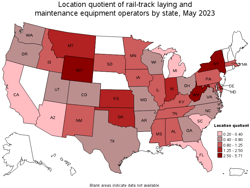 Map of location quotient of rail-track laying and maintenance equipment operators by state, May 2023