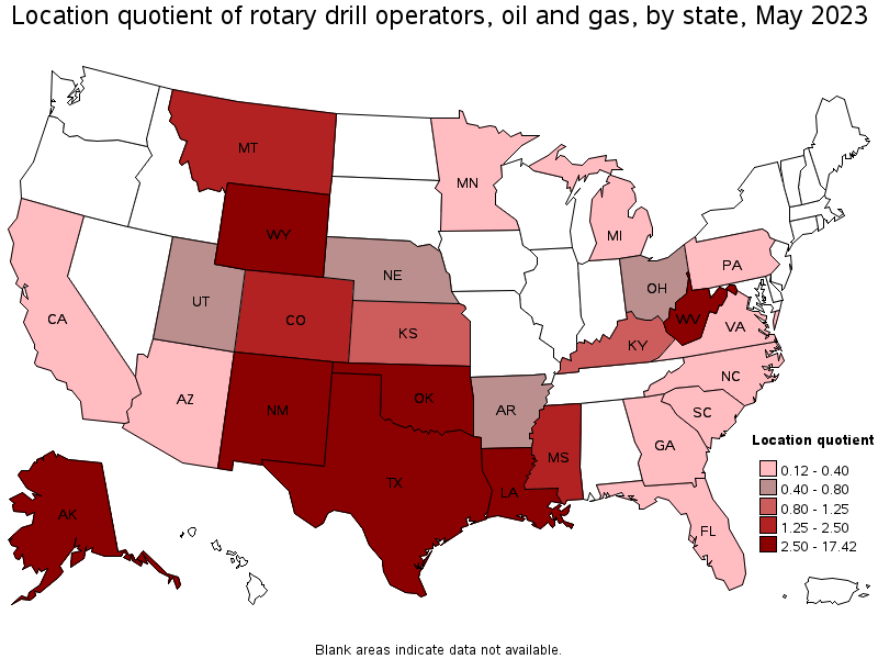 Map of location quotient of rotary drill operators, oil and gas by state, May 2023