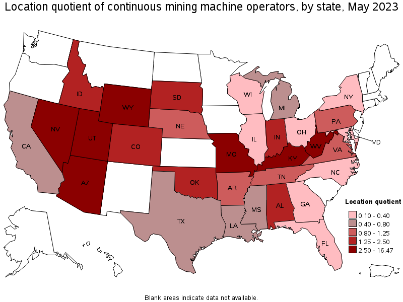Map of location quotient of continuous mining machine operators by state, May 2023
