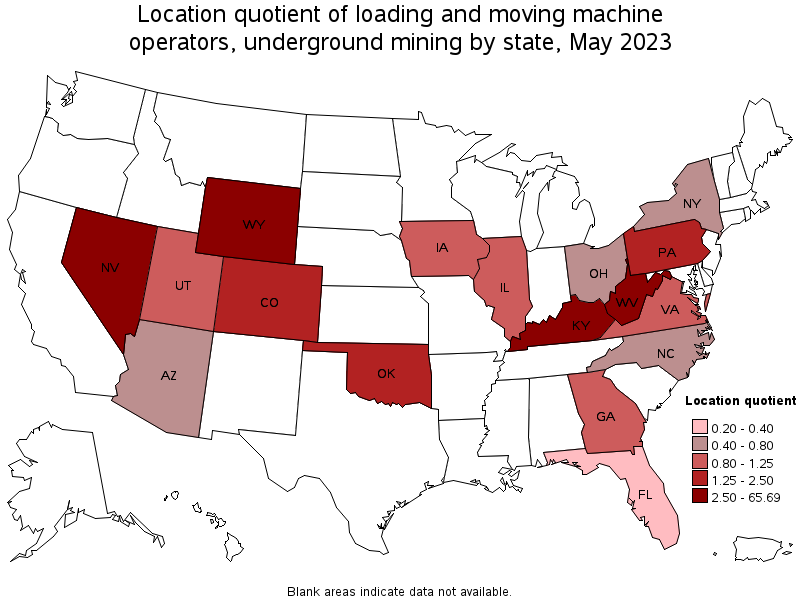 Map of location quotient of loading and moving machine operators, underground mining by state, May 2023
