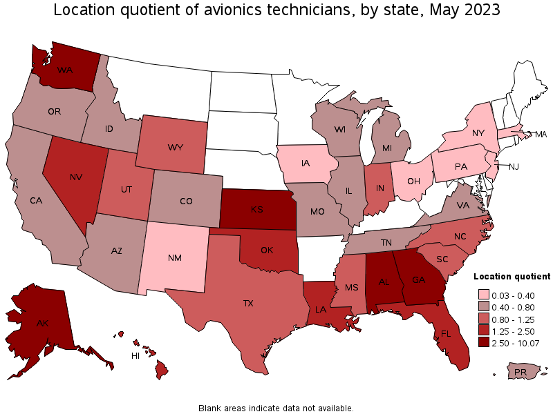 Map of location quotient of avionics technicians by state, May 2023