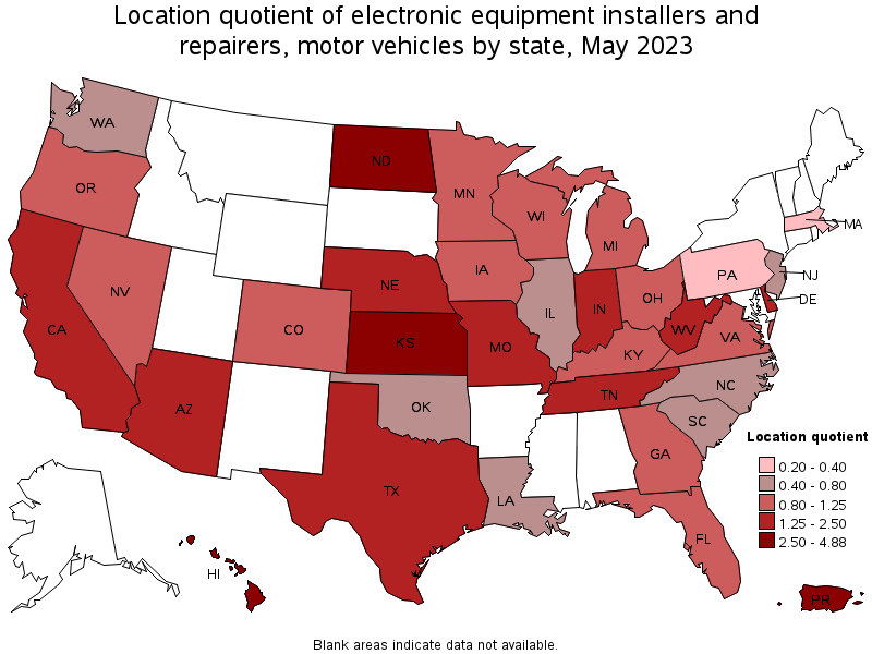 Map of location quotient of electronic equipment installers and repairers, motor vehicles by state, May 2023
