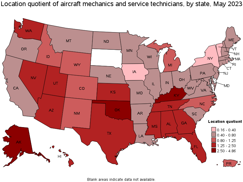 Map of location quotient of aircraft mechanics and service technicians by state, May 2023