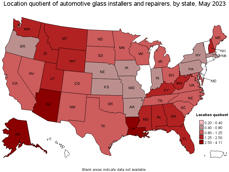 Map of location quotient of automotive glass installers and repairers by state, May 2023