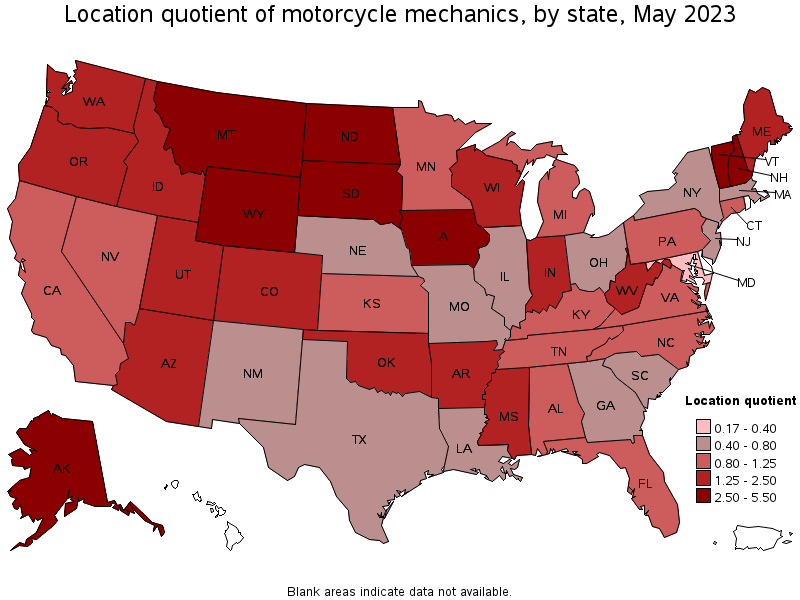 Map of location quotient of motorcycle mechanics by state, May 2023