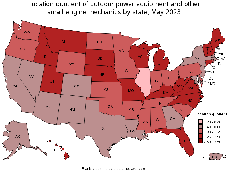 Map of location quotient of outdoor power equipment and other small engine mechanics by state, May 2023