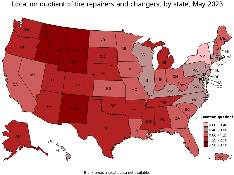 Map of location quotient of tire repairers and changers by state, May 2023