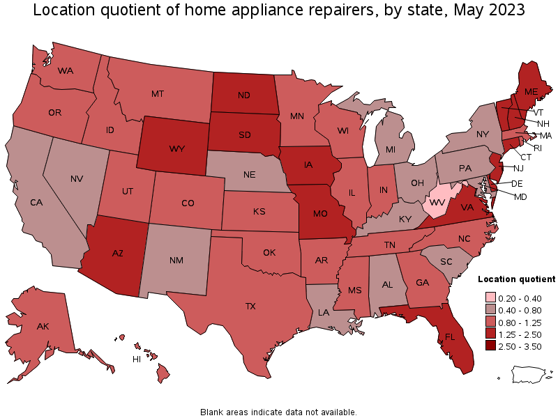 Map of location quotient of home appliance repairers by state, May 2023