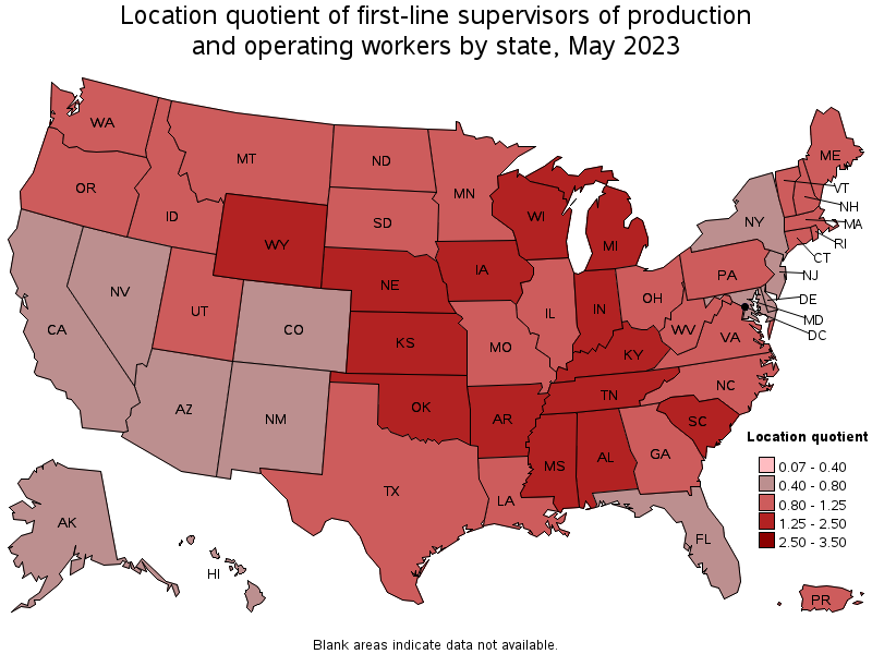 Map of location quotient of first-line supervisors of production and operating workers by state, May 2023