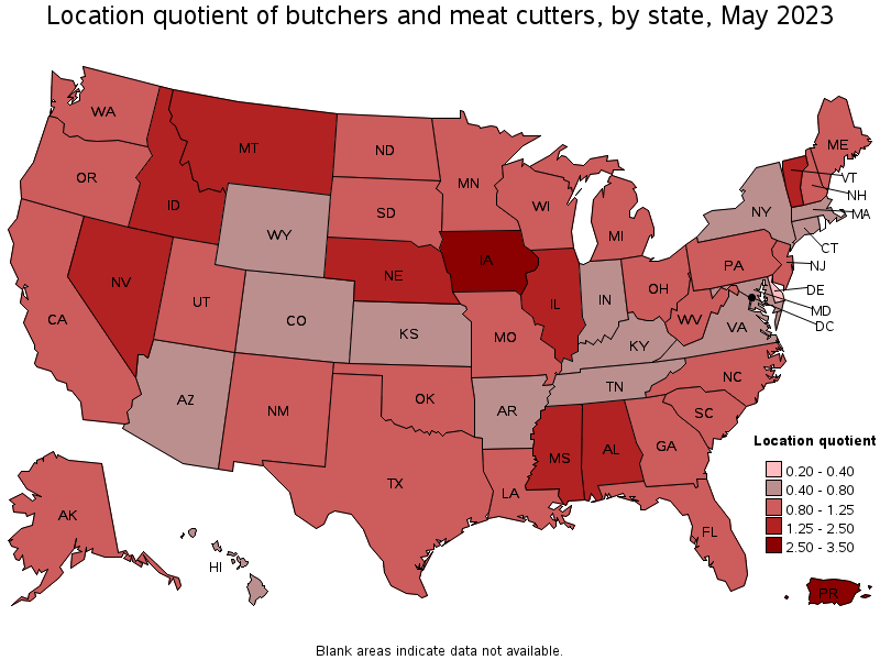 Map of location quotient of butchers and meat cutters by state, May 2023