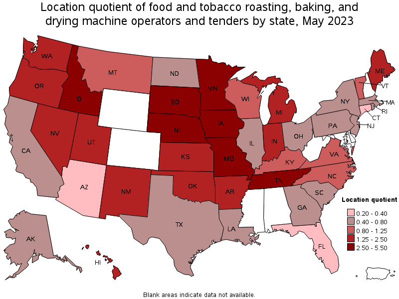 Map of location quotient of food and tobacco roasting, baking, and drying machine operators and tenders by state, May 2023