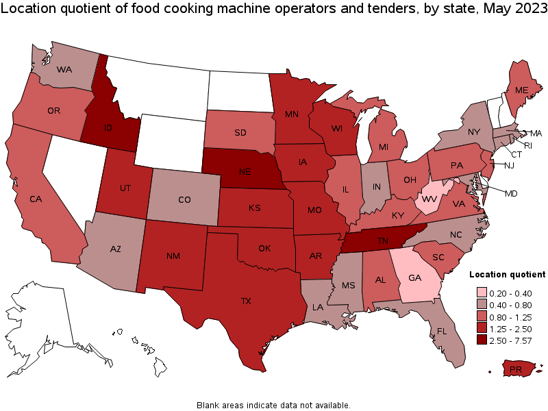 Map of location quotient of food cooking machine operators and tenders by state, May 2023
