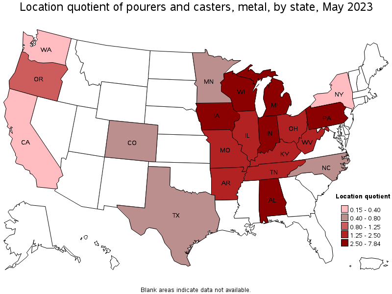 Map of location quotient of pourers and casters, metal by state, May 2023
